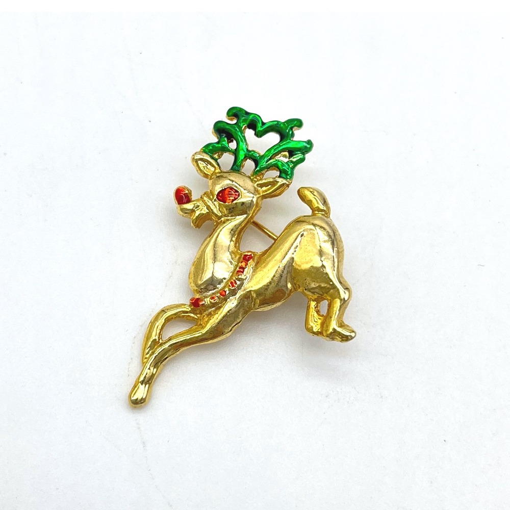 Vintage Reindeer Brooch Christmas Pin Gold Tone Green Antlers‎ Red Rhinestone